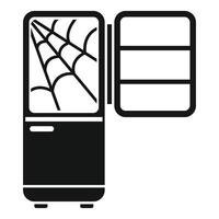 Old broken refrigerator with cobwebs inside is open and empty vector