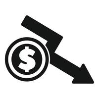 Dollar currency coin decreasing value with downward arrow vector