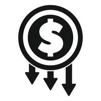 Dollar coin with three down arrows representing decreasing value vector
