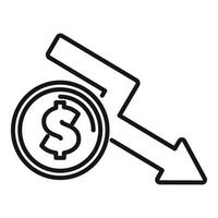 Dollar coin with arrow pointing down representing devaluation vector