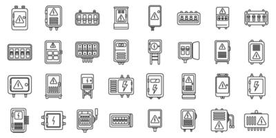 Electric switchboard icons set. Set of electrical cabinet icons showing different types and sizes of electrical panels with warning signs vector