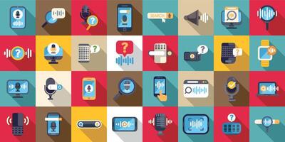Voice search icons set. Voice control interface using sound recognition technology icons set vector