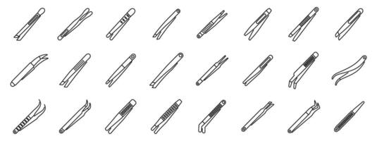 Tweezers icons set. Set of tweezers icons showing different tweezers for eyebrows and eyelashes vector