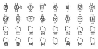 Payment with smart watches icons set. Set of smart watch icons showing nfc payment, biometric authentication, wifi connection and more vector