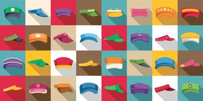 Visor cap icons set. Large set of various hats showing professions and styles for men and women vector