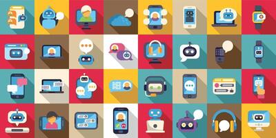 Virtual assistant services icons set. Chatbot icons set communicating with customers using mobile devices and computers vector