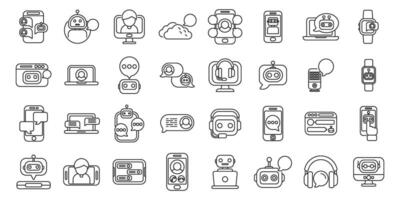 Virtual assistant services icons set. Chatbot communicating using diverse devices and platforms icons vector