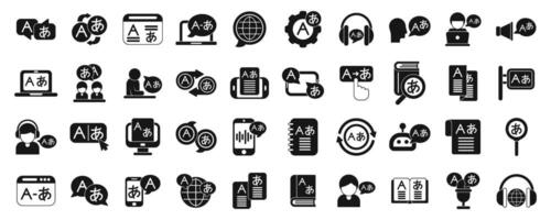 Language translation services icons set. Language learning concept icons set. Simple style vector