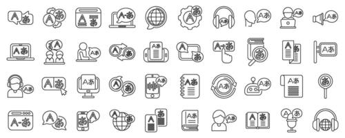 Language translation services icons set. Language learning icons featuring translation, interpretation, and language exchange vector