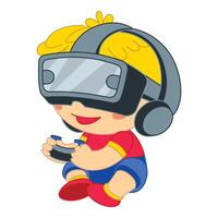 Young boy using virtual reality headset playing with a gaming controller vector
