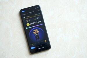 KYIV, UKRAINE - APRIL 20, 2024 Hamster Kombat telegram bot on smartphone screen. Hamster Kombat is a viral Telegram crypto game for earn HMSTR tokens by managing virtual crypto exchange photo