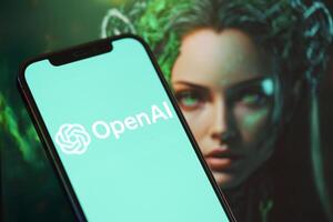 KYIV, UKRAINE - MARCH 17, 2024 OpenAI logo on iPhone display screen with background of artificial intelligence futuristic image photo