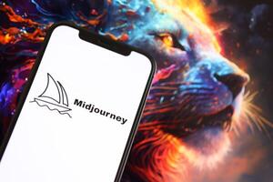 KYIV, UKRAINE - MARCH 17, 2024 Midjourney logo on iPhone display screen with background of artificial intelligence futuristic image photo