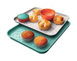 cupcakes on white plate, sweet refreshment icon isolated vector