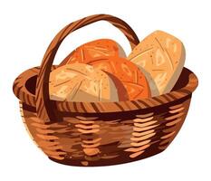 Freshly baked bread in a rustic wicker basket icon isolated vector