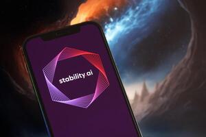 KYIV, UKRAINE - MARCH 17, 2024 StabilityAI logo on iPhone display screen with background of artificial intelligence futuristic image photo