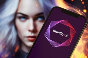 KYIV, UKRAINE - MARCH 17, 2024 StabilityAI logo on iPhone display screen with background of artificial intelligence futuristic image photo
