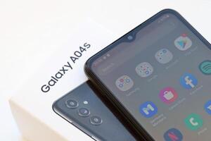 KYIV, UKRAINE - 4 MAY, 2023 Samsung Galaxy A04 Android smartphone has 6.5-inch PLS LCD panel with Infinity-V design photo