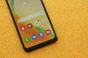 KYIV, UKRAINE - 4 MAY, 2023 Samsung Galaxy A04 Android smartphone has 6.5-inch PLS LCD panel with Infinity-V design photo