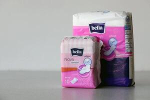 KYIV, UKRAINE - 4 MAY, 2023 Bella menstrual pads pack. Brand packet of period pads photo