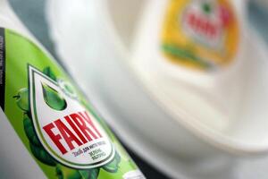 KYIV, UKRAINE - OCTOBER 31, 2023 Bottle of Fairy washing up Liquid produced by Procter and Gamble and sold in most parts of Europe photo