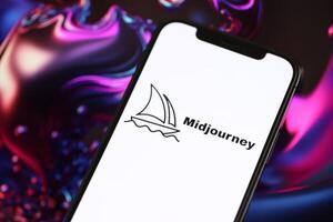 KYIV, UKRAINE - MARCH 17, 2024 Midjourney logo on iPhone display screen with background of artificial intelligence futuristic image photo