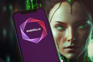 KYIV, UKRAINE - MARCH 17, 2024 StabilityAI logo on iPhone display screen with background of artificial intelligence futuristic image photo