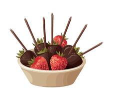 Fresh strawberry dessert in bowl with chocolate icon isolated vector