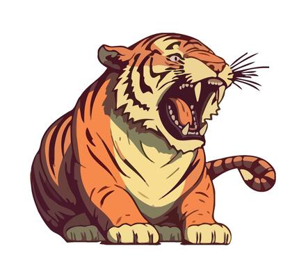 Fierce Bengal tiger sitting, snarling with aggression icon isolated
