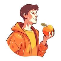 Smiling boy holding fresh apple fruit happily icon isolated vector