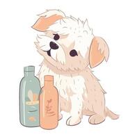 Cute puppy sitting with shampoo bottles icon isolated vector