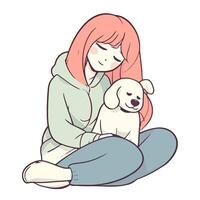Cute puppy sitting with smiling woman icon isolated vector