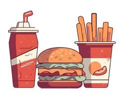 Grilled beef burger and fries, refreshing cola icon isolated vector