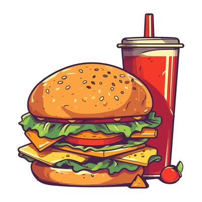 Grilled meat, cheeseburger and cola meal icon isolated