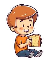 Cheerful boy eating bread, smiling and playing icon isolated vector