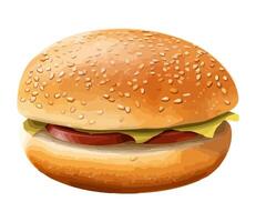 Grilled burger on sesame bun, fresh toppings icon isolated vector