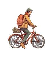 One person riding bicycle, backpack and cap icon isolated vector