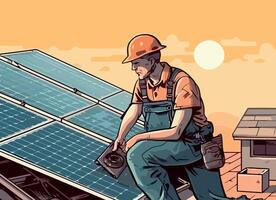 construction worker installing solar panels, design vector