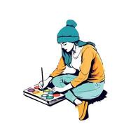 One person, sitting and painting on design icon isolated vector
