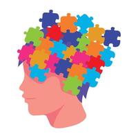 autism boy with puzzles in brain illustration vector