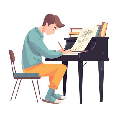 One musician playing piano, learning with concentration icon