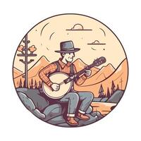 Smiling musician playing guitar in natures backdrop, isolated vector