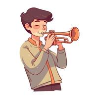 Child blowing trumpet, joyful performance begins icon isolated vector