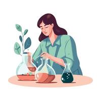 Woman scientists analyzing liquid in laboratory flask icon isolated vector