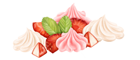 The composition of whipped cream, strawberry slices. Berry decor for birthday, party, festive table. Topping for cakes, cupcakes, ice cream. Confectionery sweets. Digital isolated illustration png