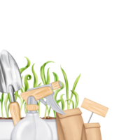 A border of tools a rake, a shovel, a sprayer, seeds, boxes of greens. Equipment for gardens, greenhouses and florists. Agriculture, cultivation of plants and flowers. Digital isolated illustration png