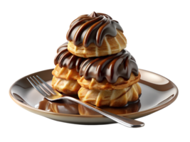 A stack of profiteroles filled with cream and drizzled with chocolate, set on a white plate with a fork, isolated on background png