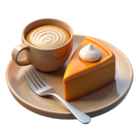 A slice of pumpkin pie with a dollop of whipped cream, set on a white plate with a fork and a checkered napkin, under homey png