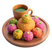 3d render of a plate of colorful ladoos garnished with chopped nuts, set on a decorative plate with a cup of chai png