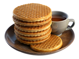 A stack of stroopwafels with syrup oozing out, set on a rustic plate with a cup of coffee png